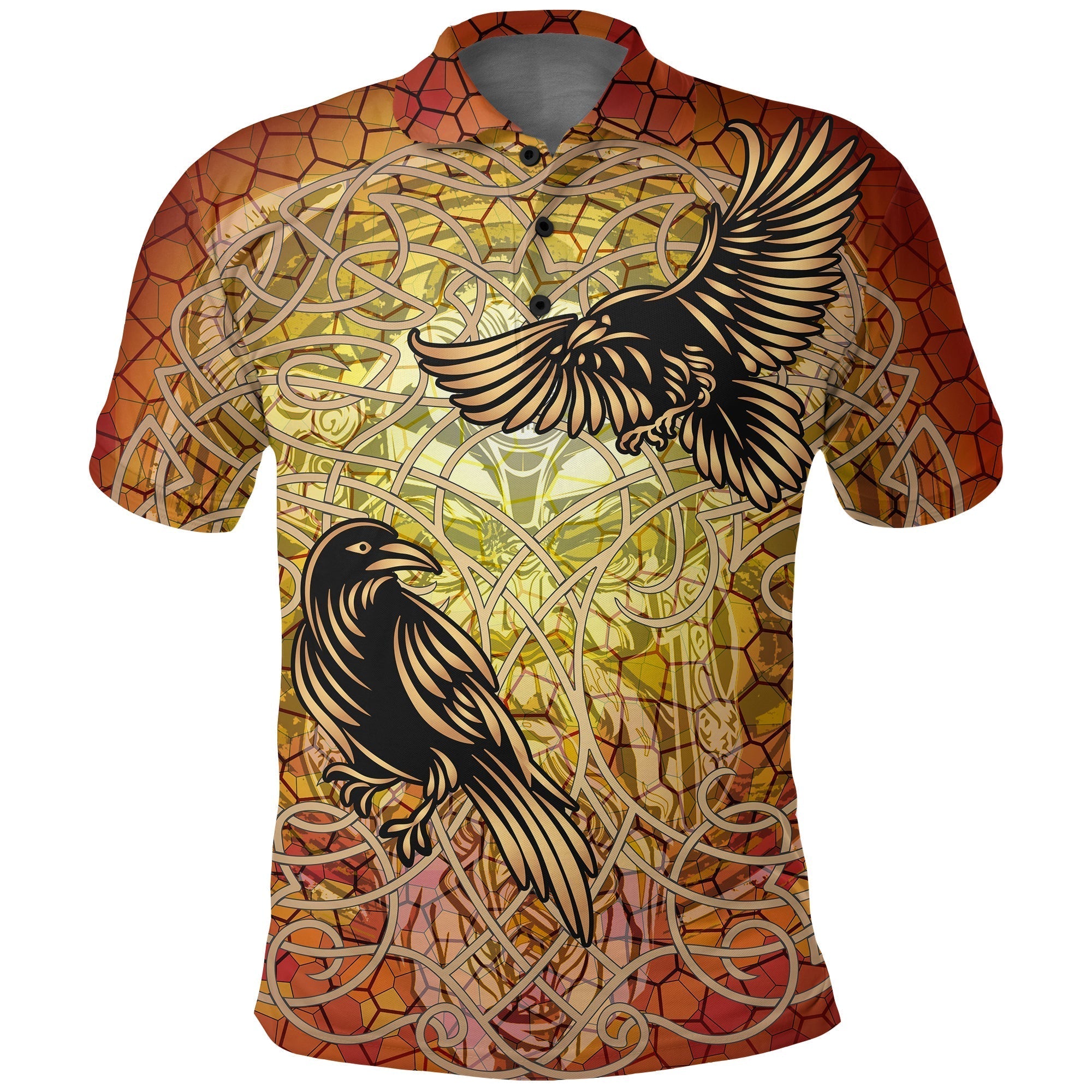 Viking Celtic Symbol Polo Shirt Huginn and Muninn Of Odin On Yggdrasil Gold RLT12