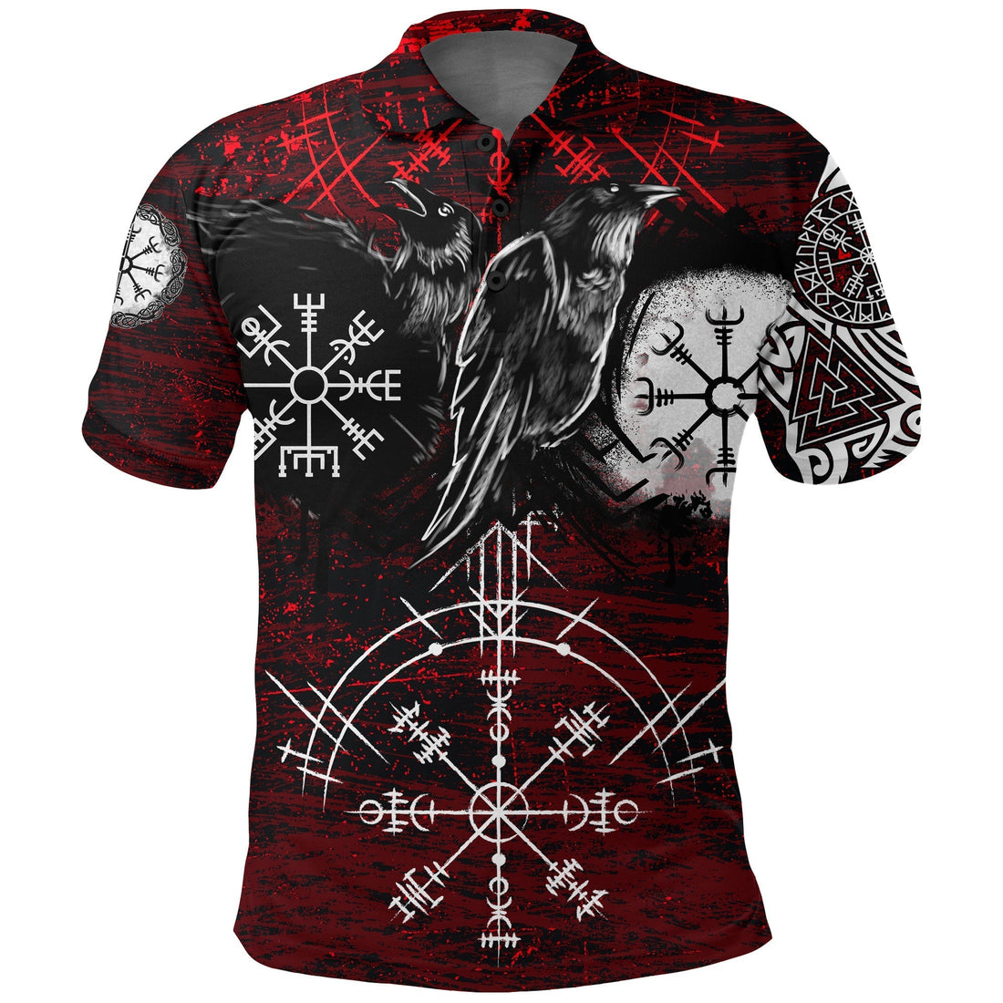 Viking Polo Shirt Raven Of Odin and Symbol Viking On Blood Background RLT12