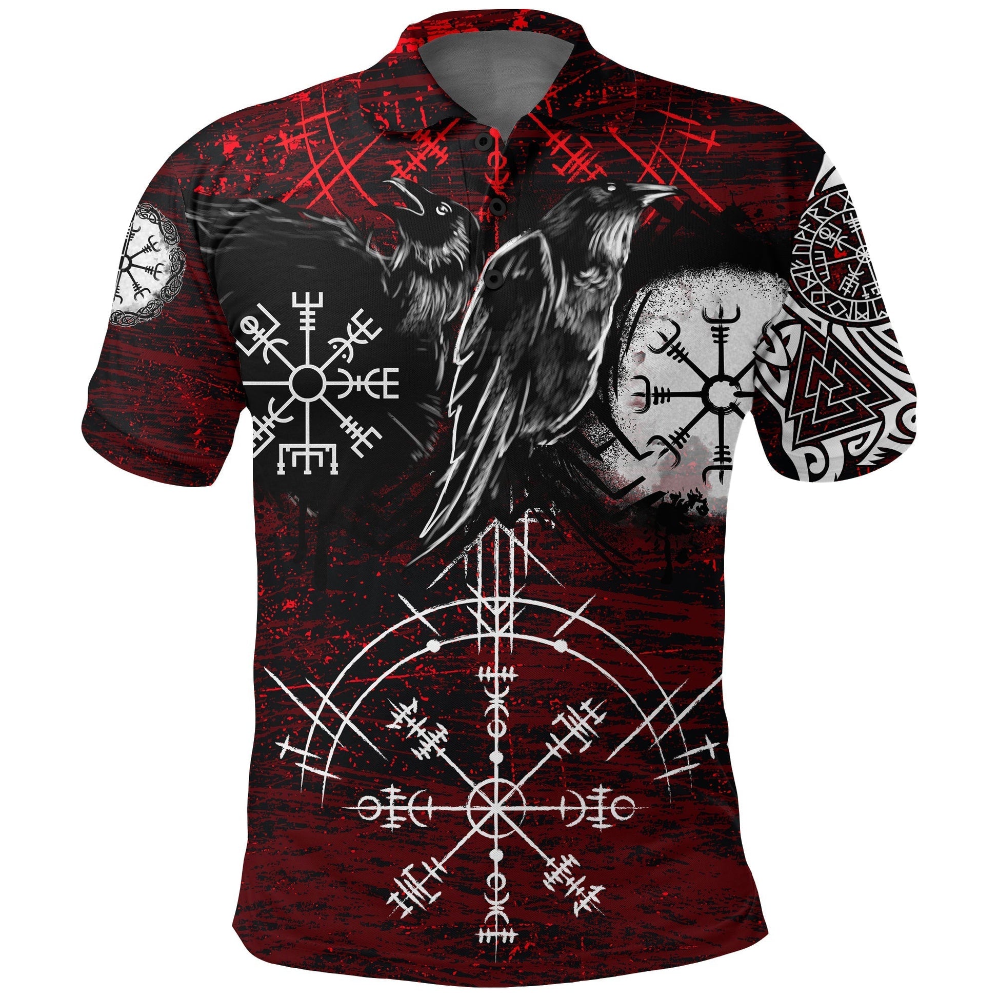 Viking Polo Shirt Raven Of Odin and Symbol Viking On Blood Background RLT12