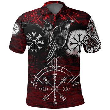 Viking Polo Shirt Raven Of Odin and Symbol Viking On Blood Background RLT12