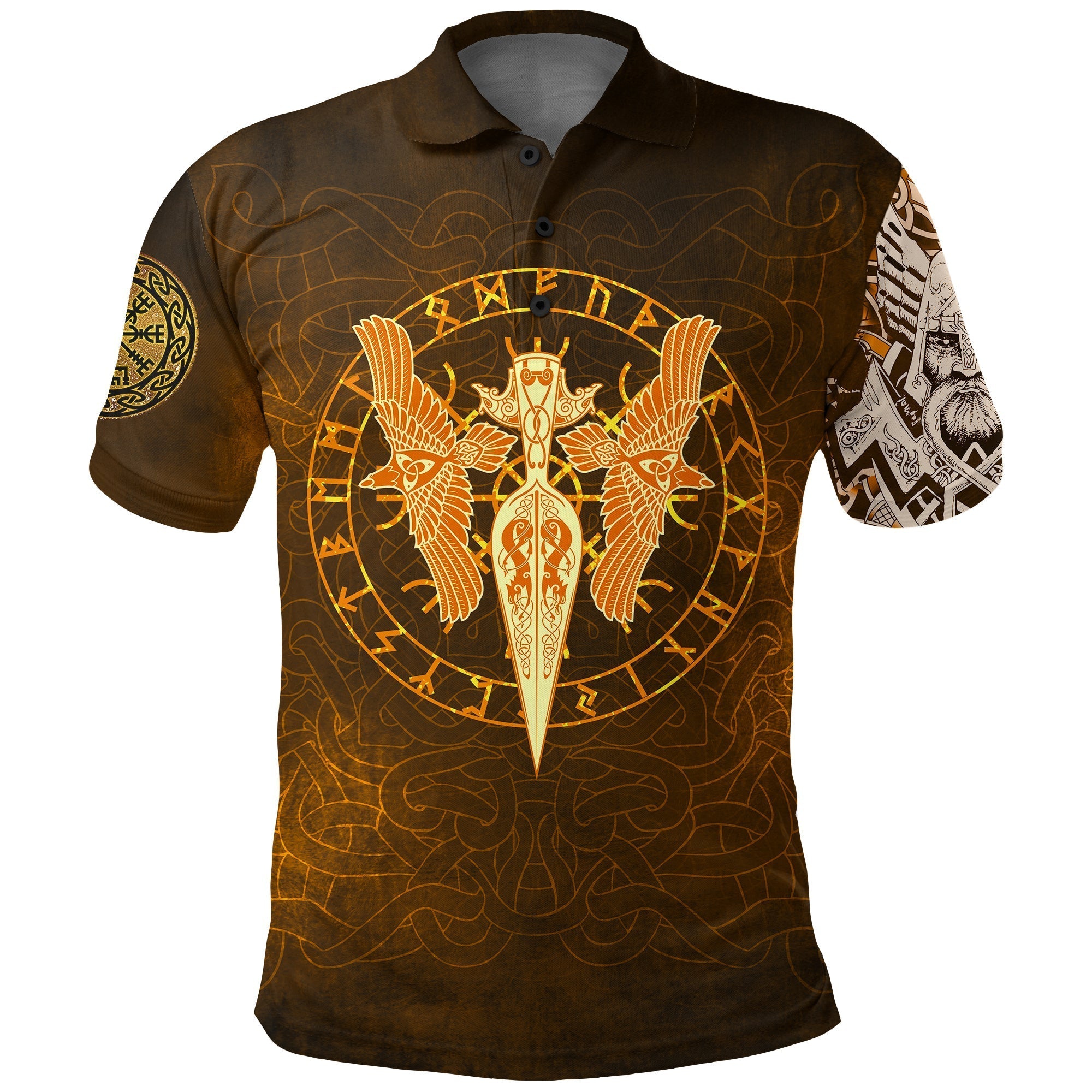 Viking Polo Shirt Gold Spear Of The God Odin Gungnir and Two Gold Ravens RLT12