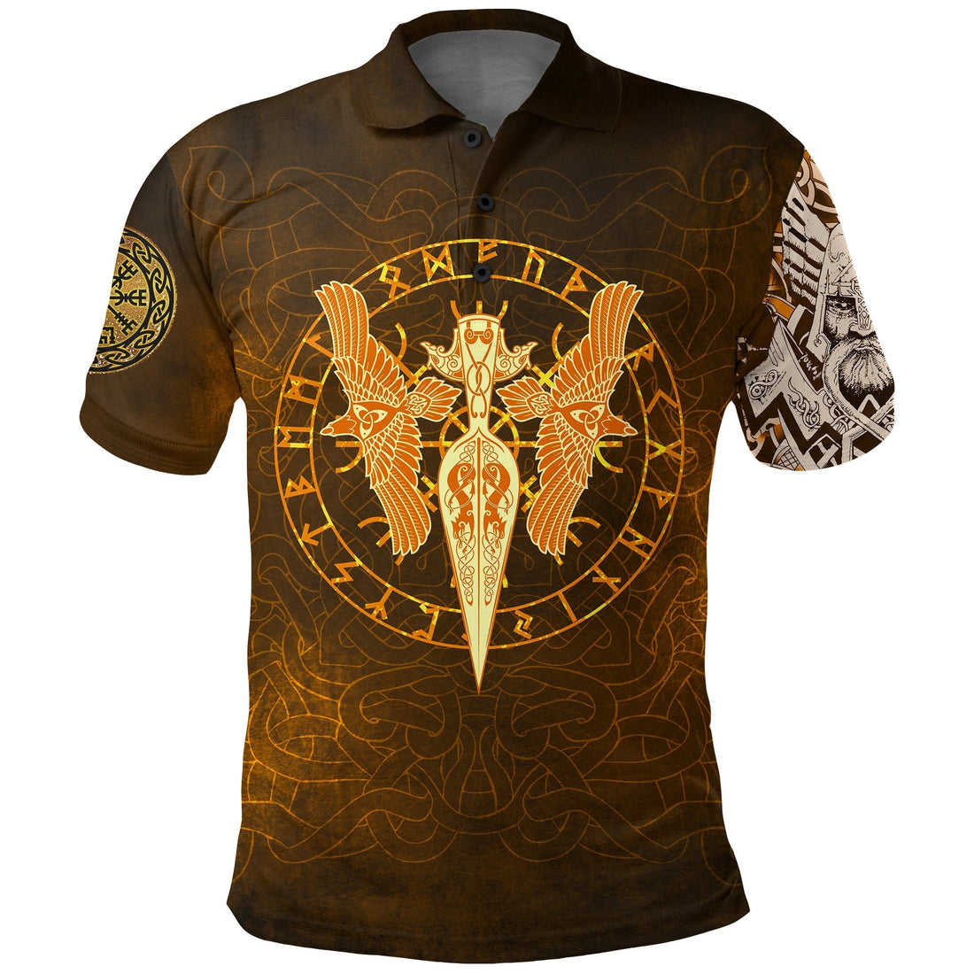 Viking Polo Shirt Gold Spear Of The God Odin Gungnir and Two Gold Ravens RLT12