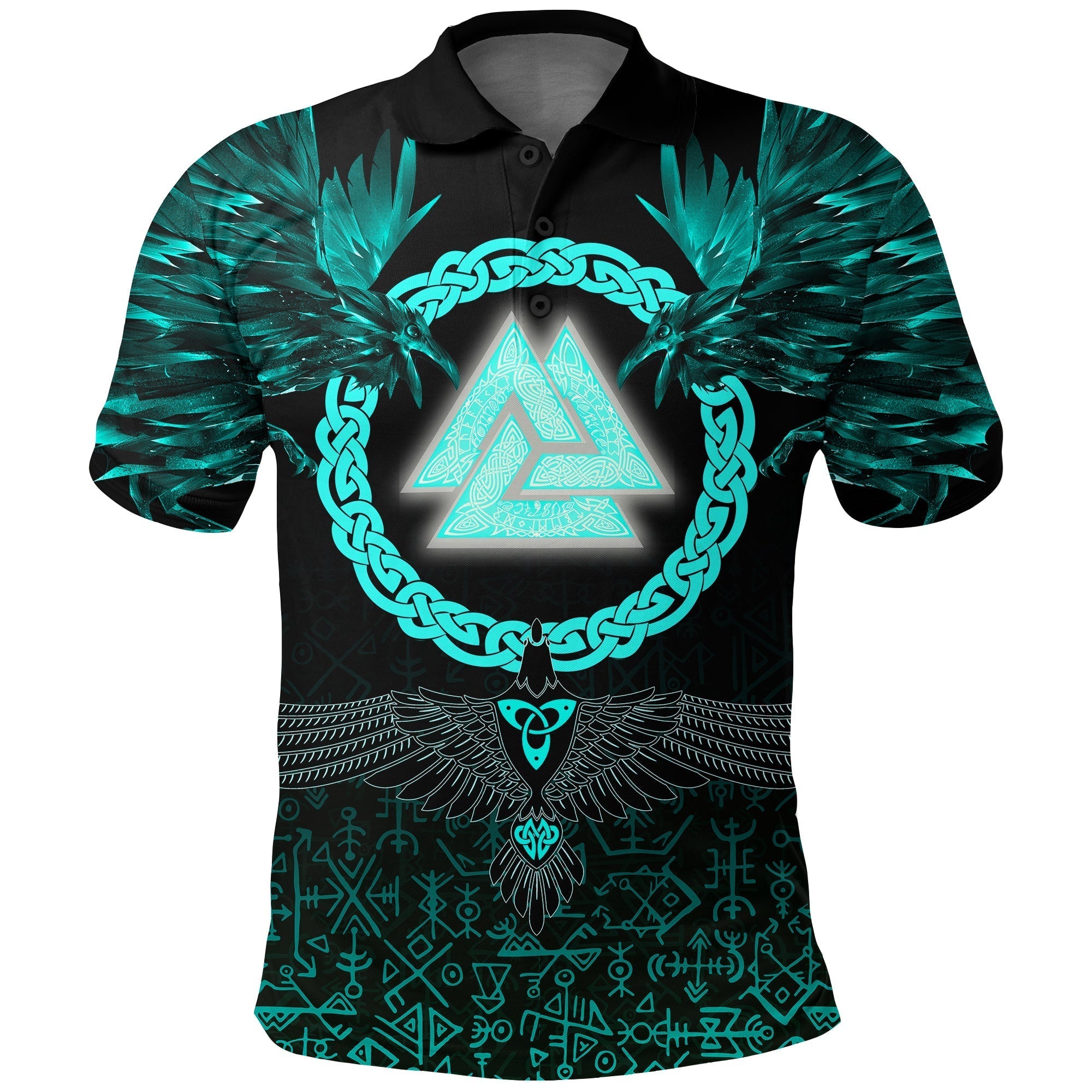 Viking Polo Shirt Three Raven and Valknut Cyan RLT12