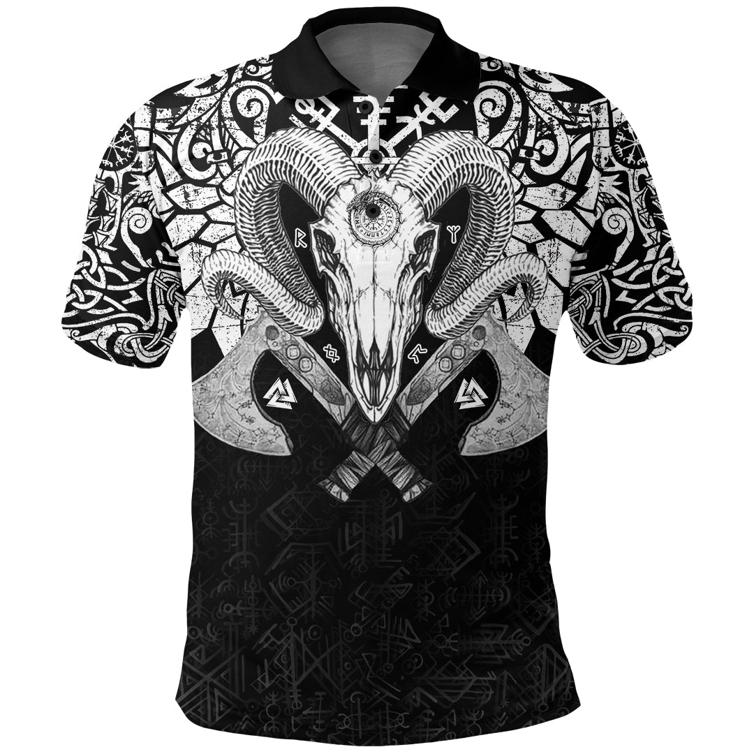 Viking Ram Skull Tattoo With Vegvisir and Valknut Polo Shirt RLT12