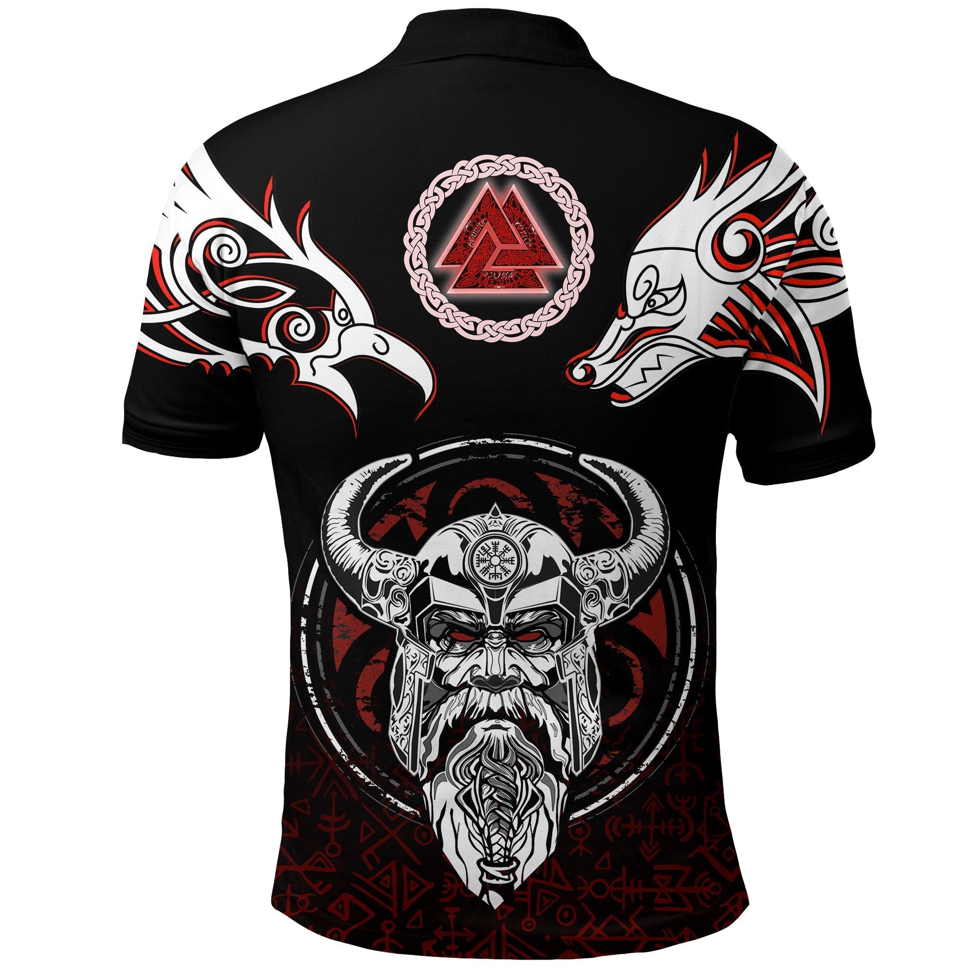 Viking Polo Shirt Odin, Raven, Fenrir and Valknut RLT12