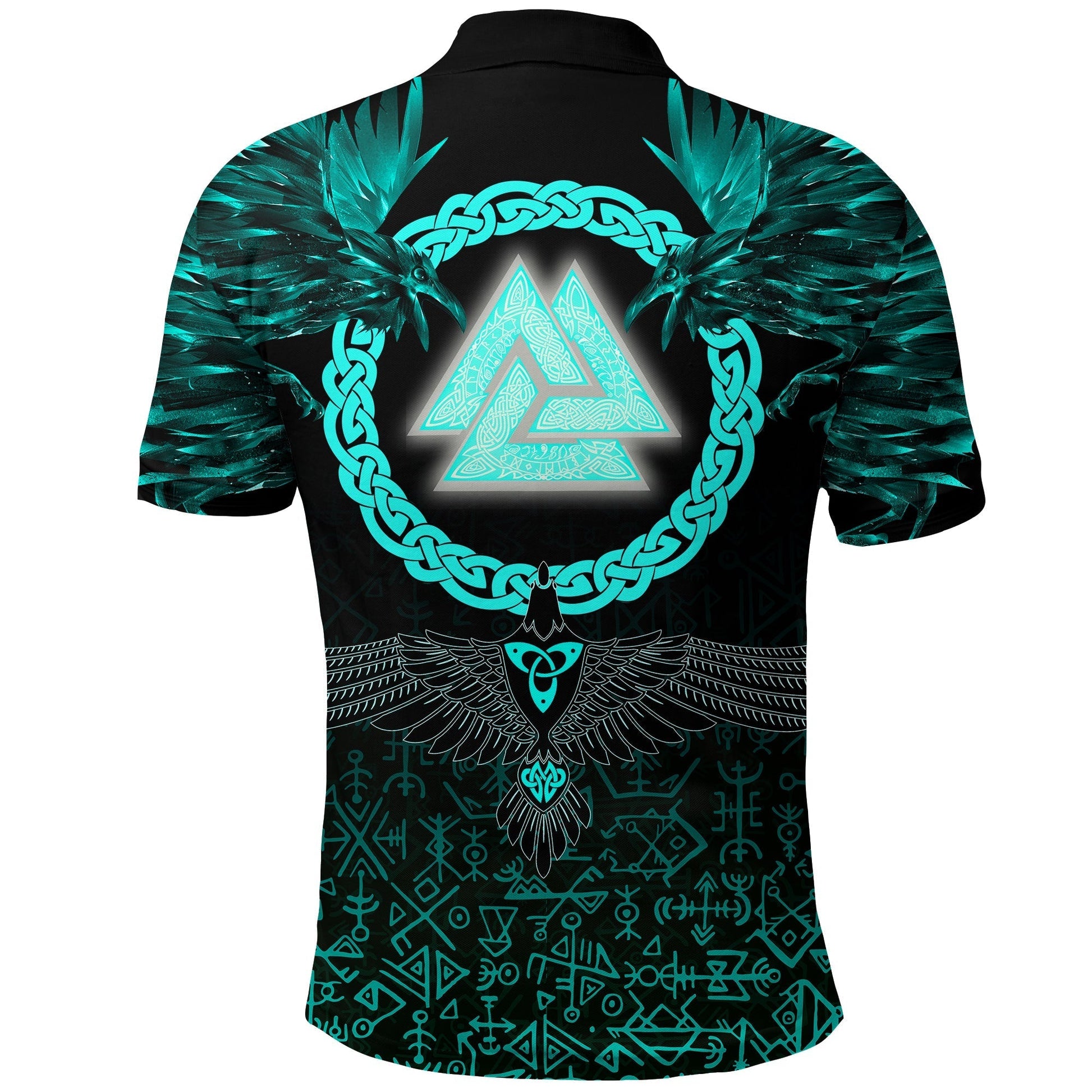 Viking Polo Shirt Three Raven and Valknut Cyan RLT12