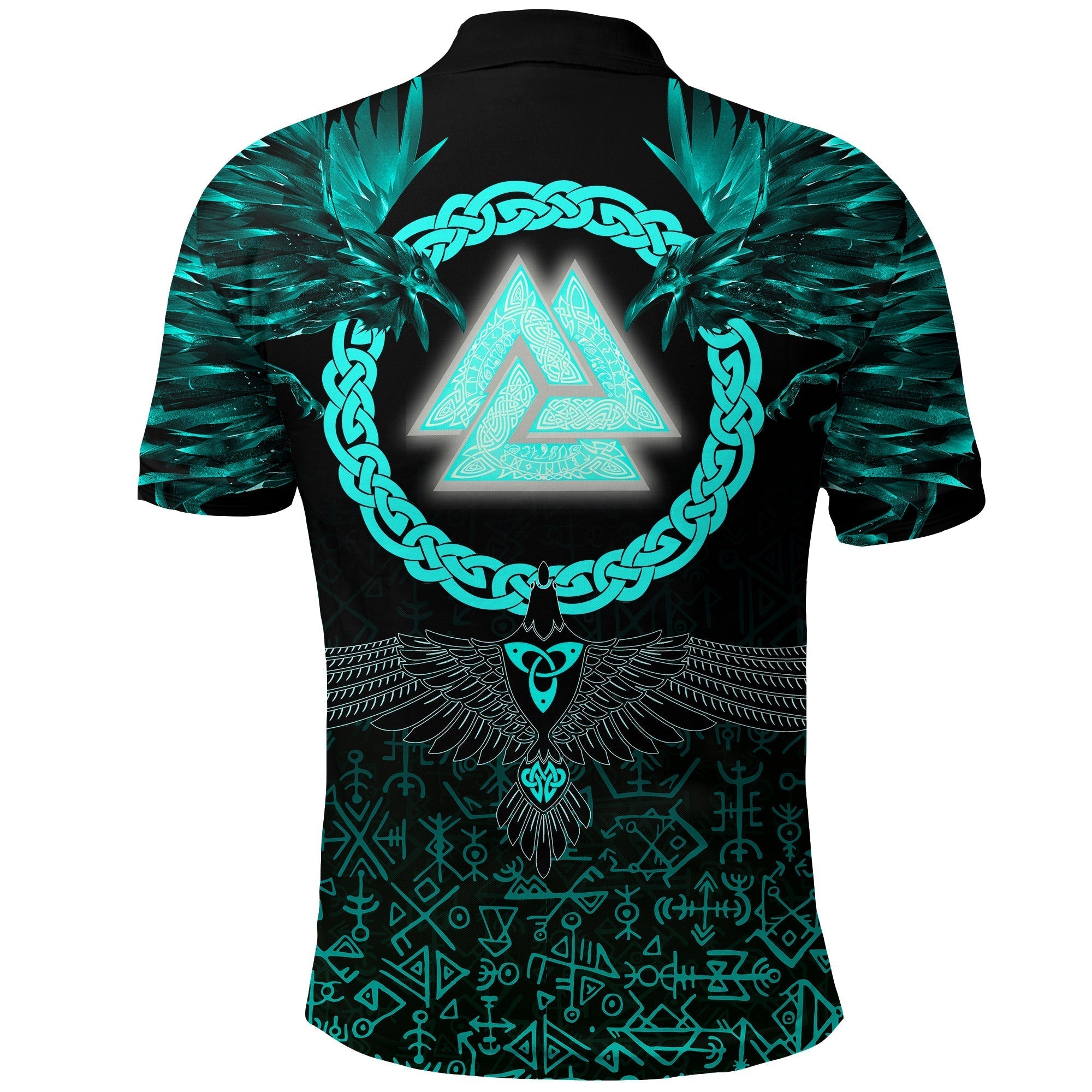 Viking Polo Shirt Three Raven and Valknut Cyan RLT12