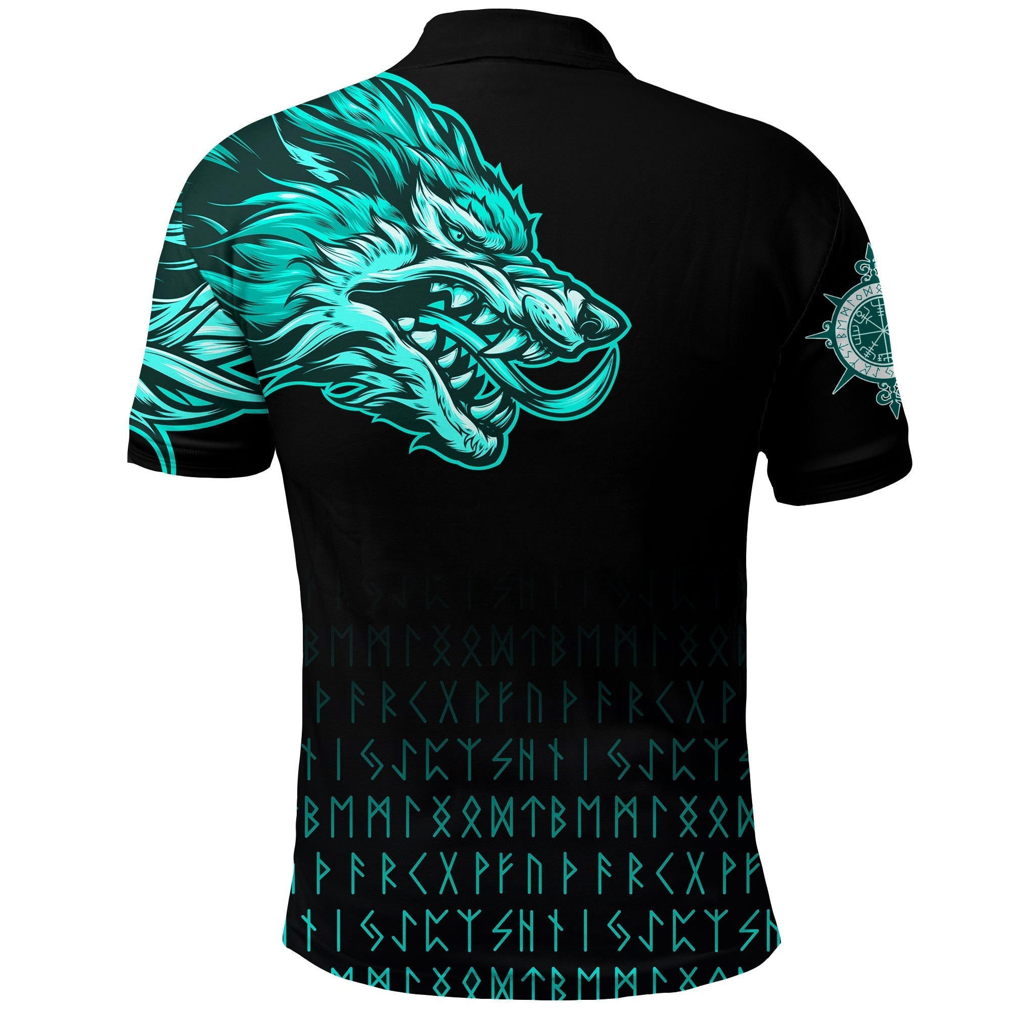 Viking Polo Shirt Fenrir Wolf Cyan Near Shoulder RLT12
