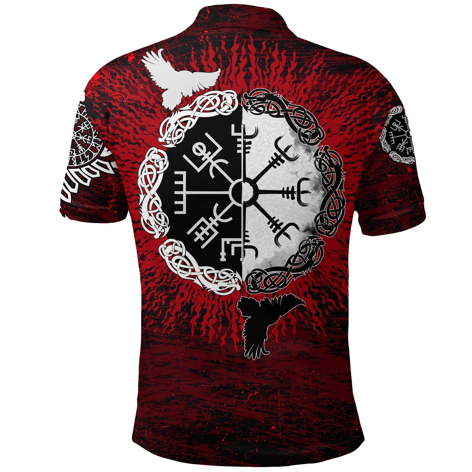 Viking Polo Shirt Raven Of Odin and Symbol Viking On Blood Background RLT12