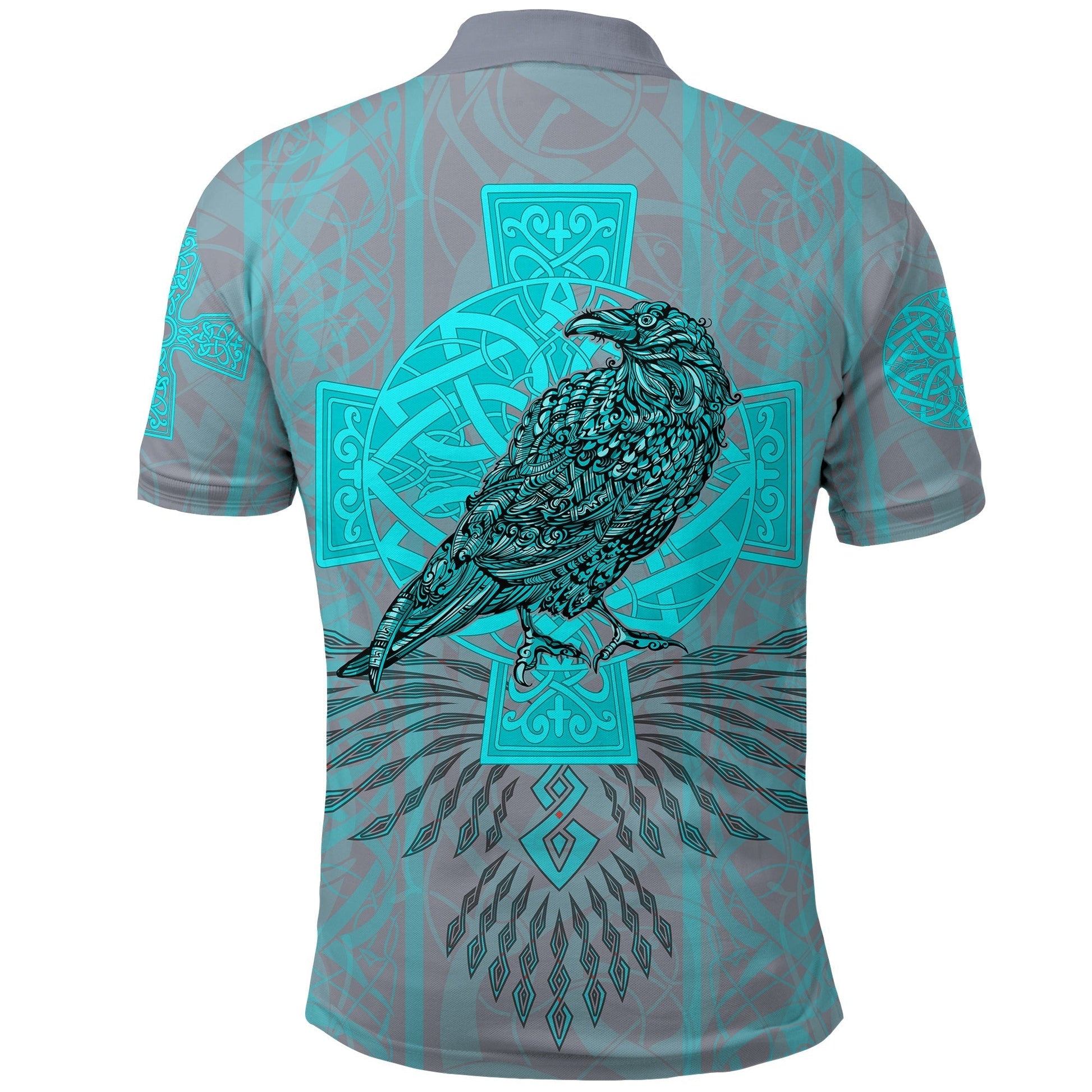 Viking Polo Shirt Odins Celtic Raven Scandinavian Tattoo Style Cyan RLT12