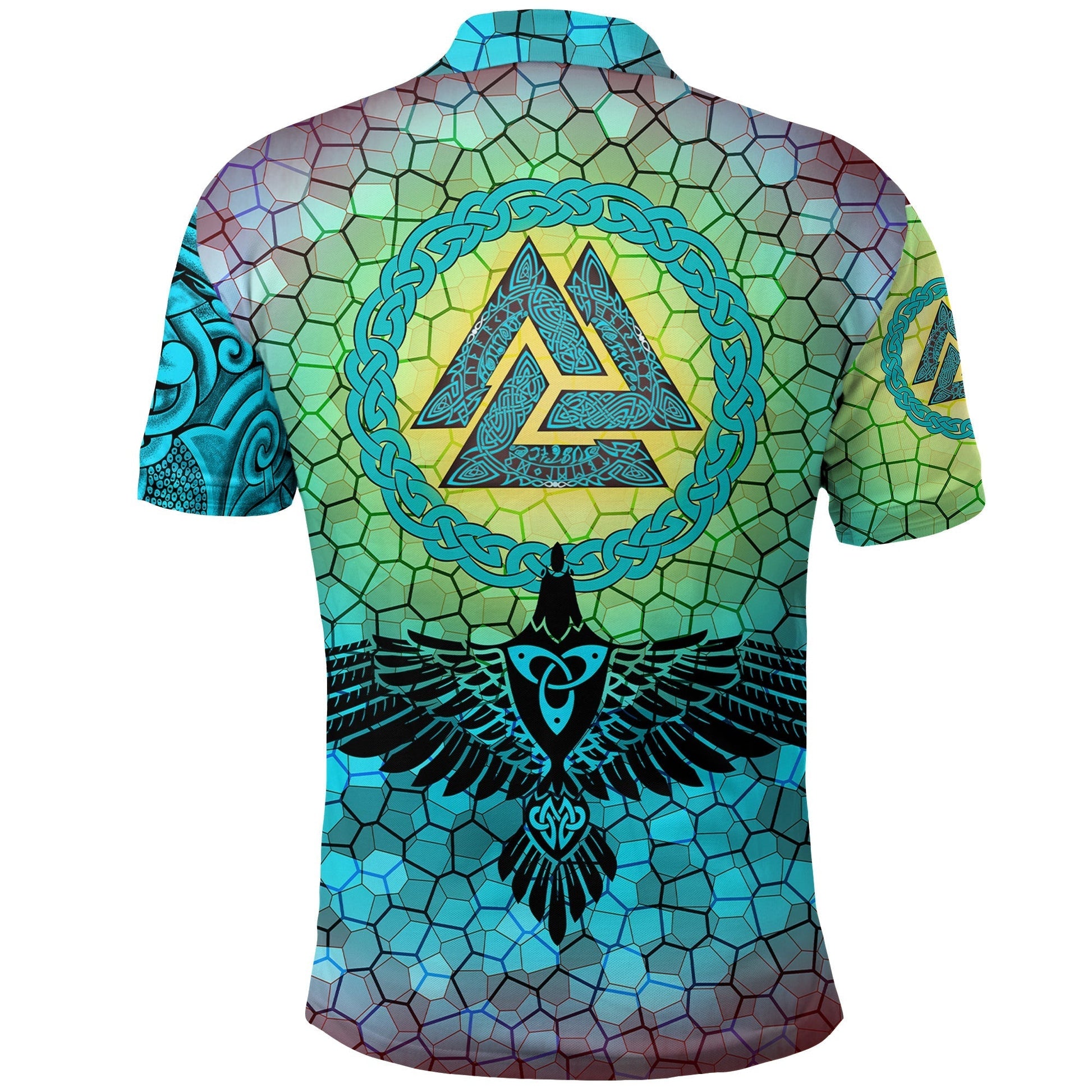 Viking Polo Shirt Raven Of Odin and Drakkar On Fire On Vignette Cyan Valknut RLT12