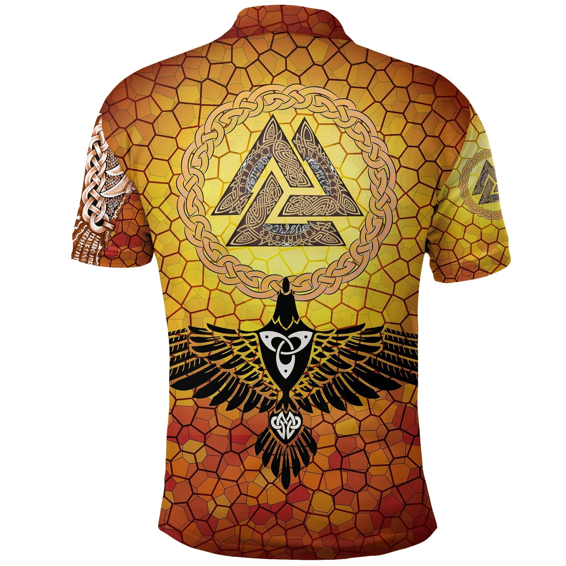 Viking Polo Shirt Raven Of Odin and Drakkar On Fire On Vignette Gold Valknut RLT12