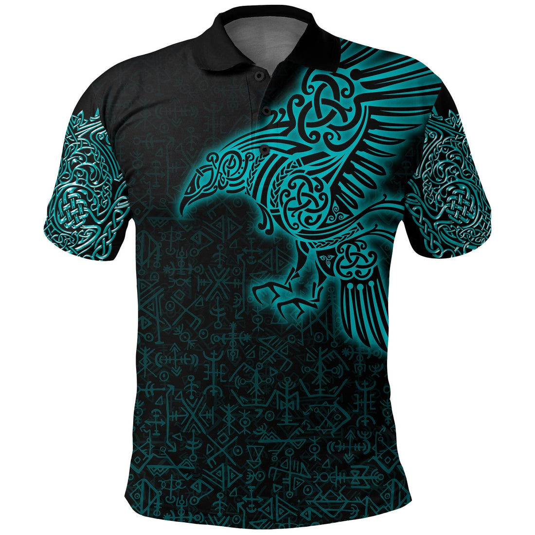 Viking Polo Shirt Raven Mjolnir Yggdrasil Cyan RLT12