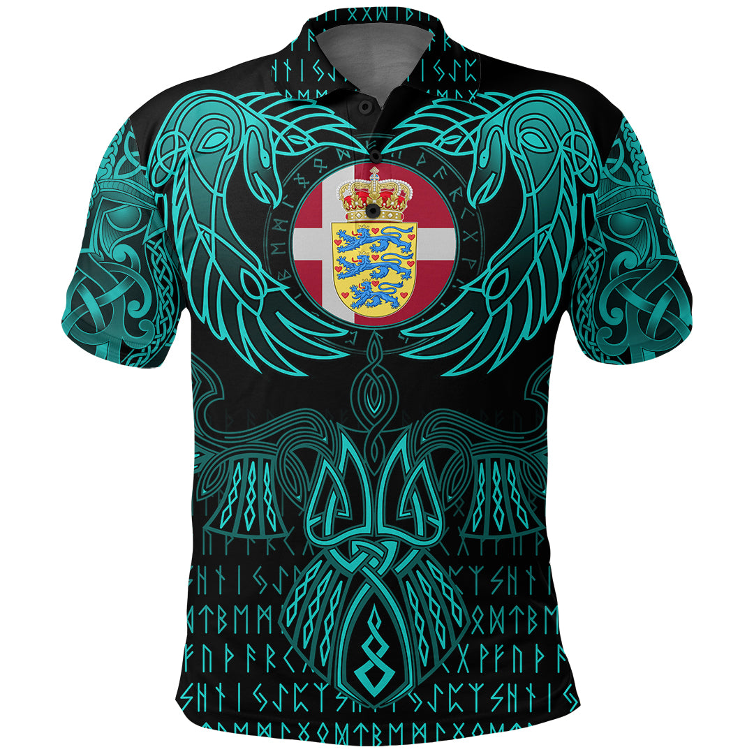 Viking Denmark Polo Shirt Valknut of Odin Cyan RLT12