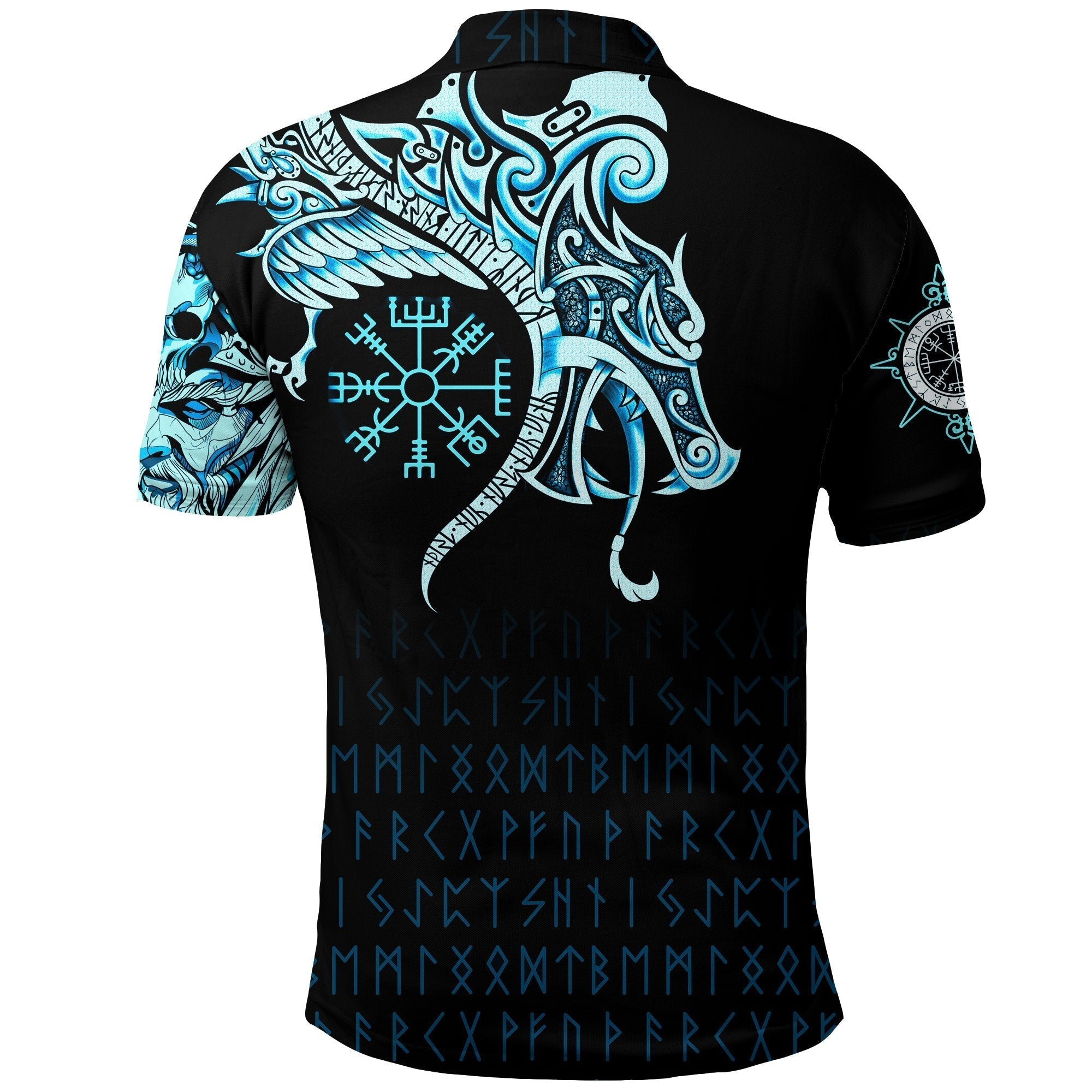 Viking Polo Shirt, Fenrir Raven and Vegvisir Tattoo Cyan RLT12