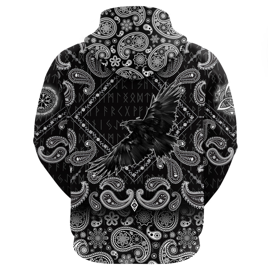 Viking Hoodie Raven Bird In Flight with Bandana Paisley Style RLT12