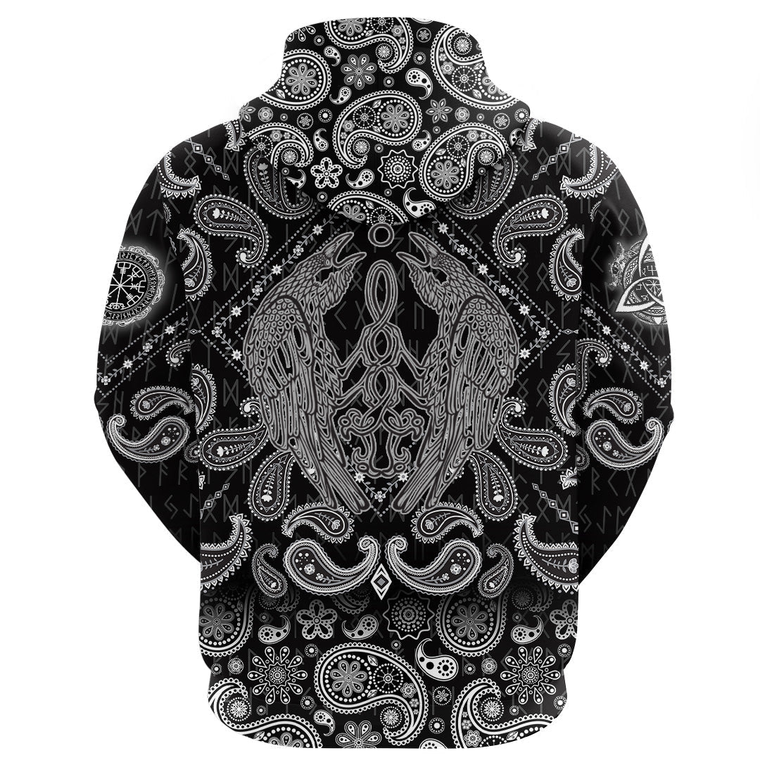 Viking Hoodie Raven Catching Sun Reflection Celtic Knot Black and White with Bandana Paisley Style RLT12