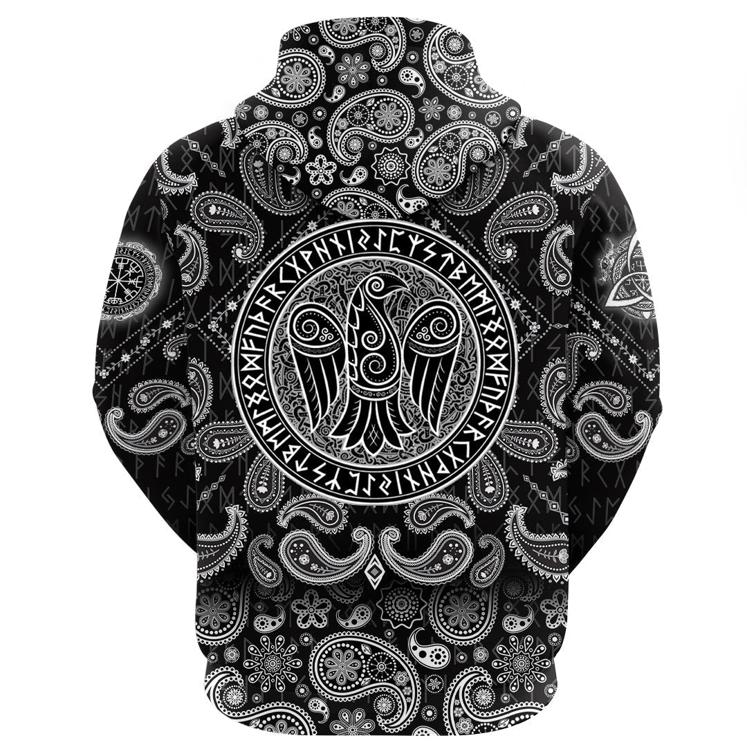 Viking Hoodie Raven In Celtic Scandinavian Style and Norse Runes with Bandana Paisley Style RLT12