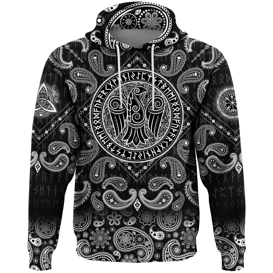 Viking Hoodie Raven In Celtic Scandinavian Style and Norse Runes with Bandana Paisley Style RLT12