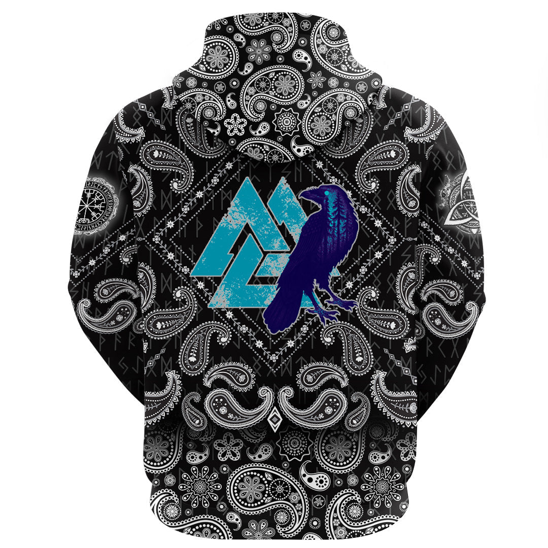Viking Hoodie Raven Skull and Valknut Symbol with Bandana Paisley Style RLT12
