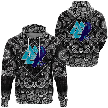 Viking Hoodie Raven Skull and Valknut Symbol with Bandana Paisley Style RLT12
