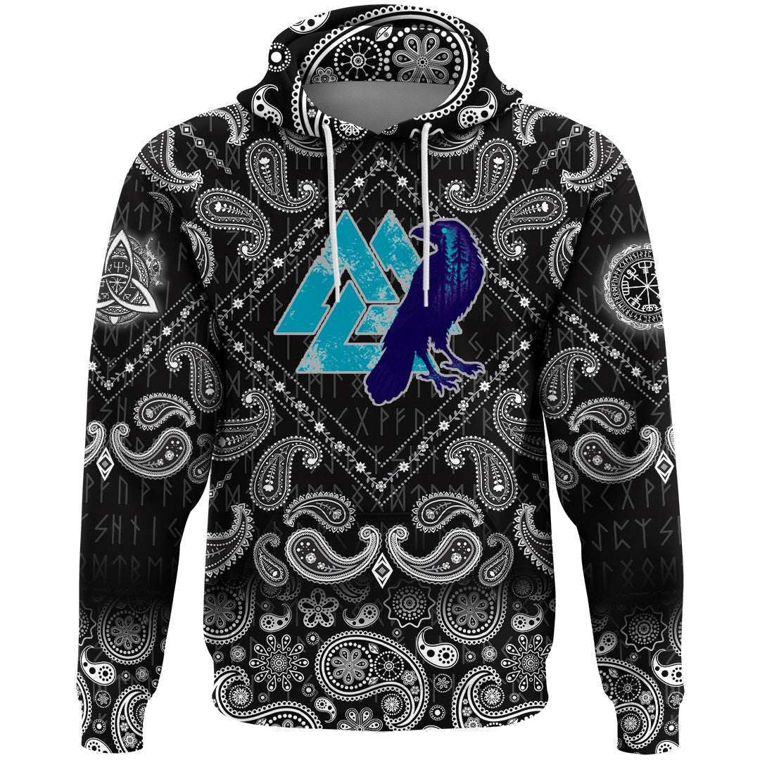 Viking Hoodie Raven Skull and Valknut Symbol with Bandana Paisley Style RLT12