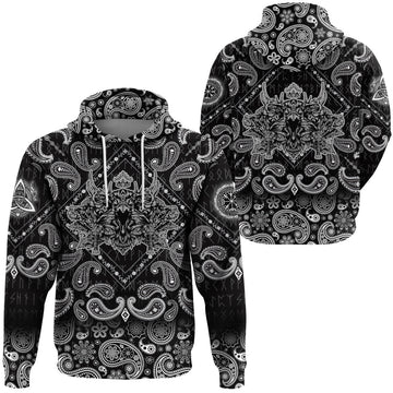 Viking Hoodie Raven With Horns and Soaring Crown with Bandana Paisley Style RLT12