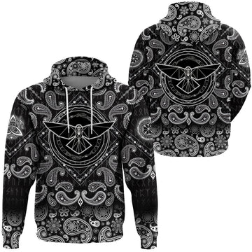 Viking Hoodie Raven With Open Wings Against Sacred Sign Of Vikings with Bandana Paisley Style RLT12