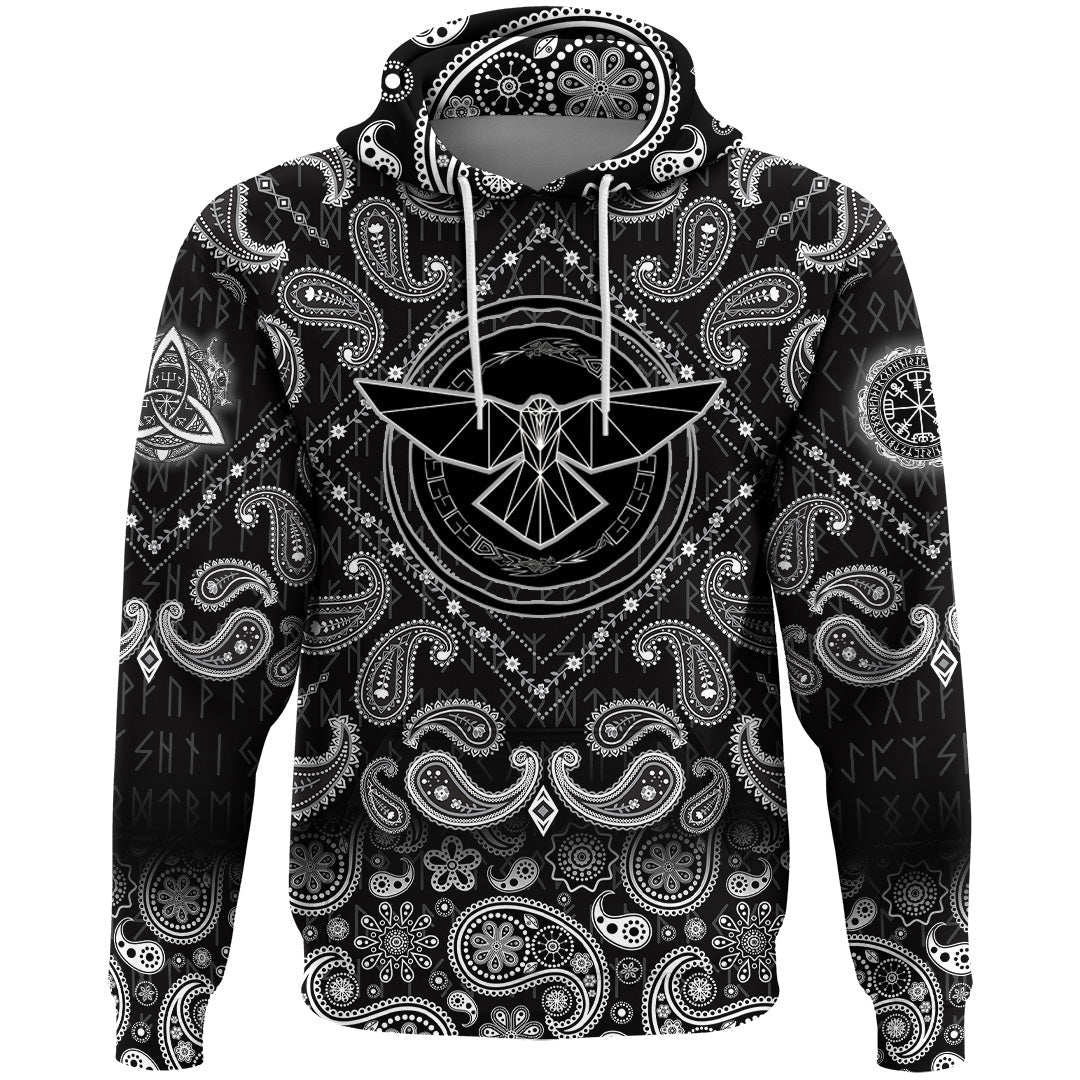 Viking Hoodie Raven With Open Wings Against Sacred Sign Of Vikings with Bandana Paisley Style RLT12