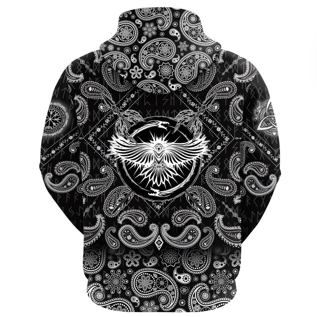 Viking Hoodie Raven With Open Wings Sacred Sign Of Viking with Bandana Paisley Style RLT12
