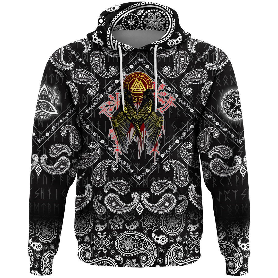 Viking Hoodie Ravens Valknut with Bandana Paisley Style RLT12
