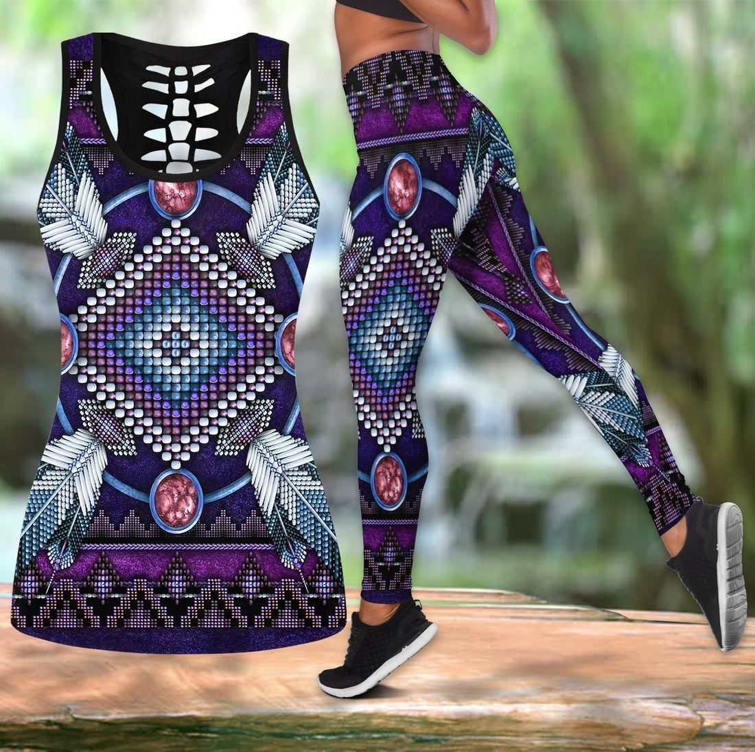 Naumaddic Arts Dark Purple Native American Native Tank Top and Leggings Set LT10