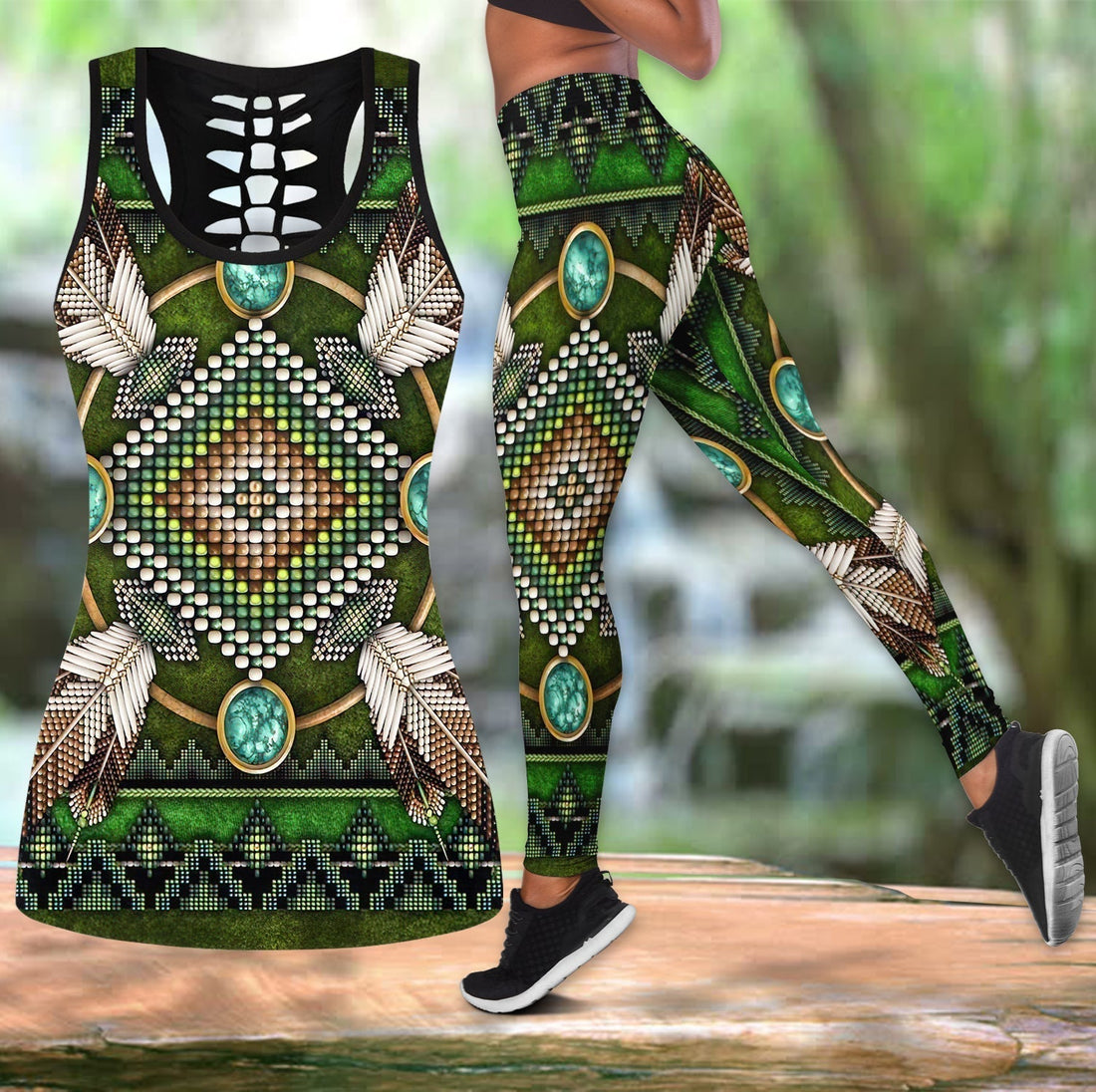 Naumaddic Arts Green Native American Native Tank Top and Leggings Set LT10