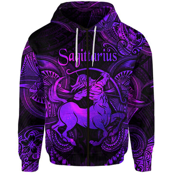 Sagittarius Zodiac Polynesian Zip Hoodie Unique Style Purple LT8