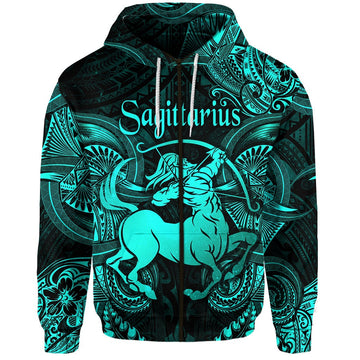 Sagittarius Zodiac Polynesian Zip Hoodie Unique Style Turquoise LT8