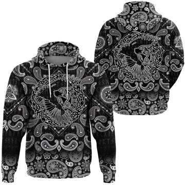 Viking Hoodie Scandinavian Black Raven In Flight With Outstretched Wings and Old Norse with Bandana Paisley Style RLT12