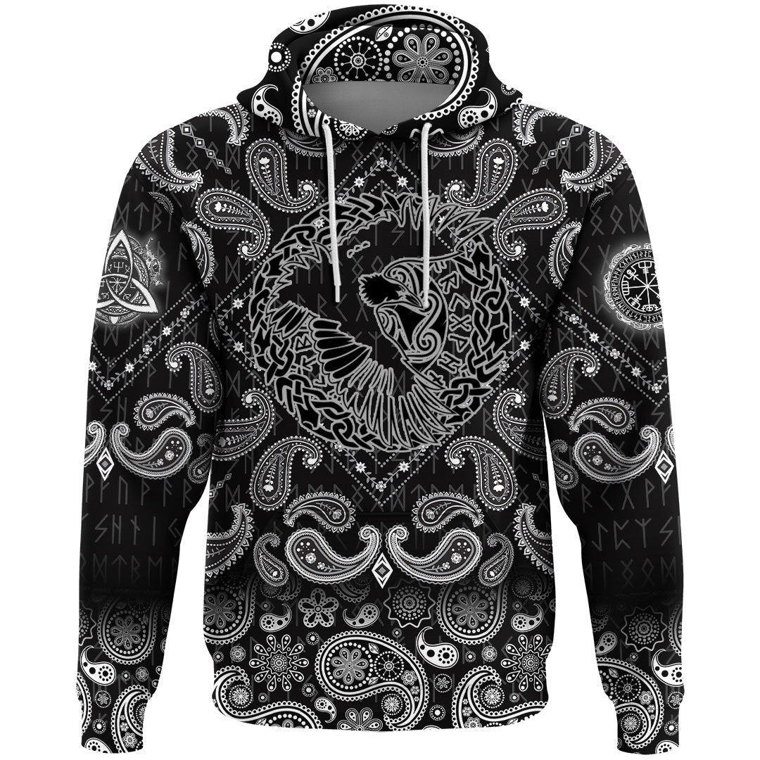 Viking Hoodie Scandinavian Black Raven In Flight With Outstretched Wings and Old Norse with Bandana Paisley Style RLT12