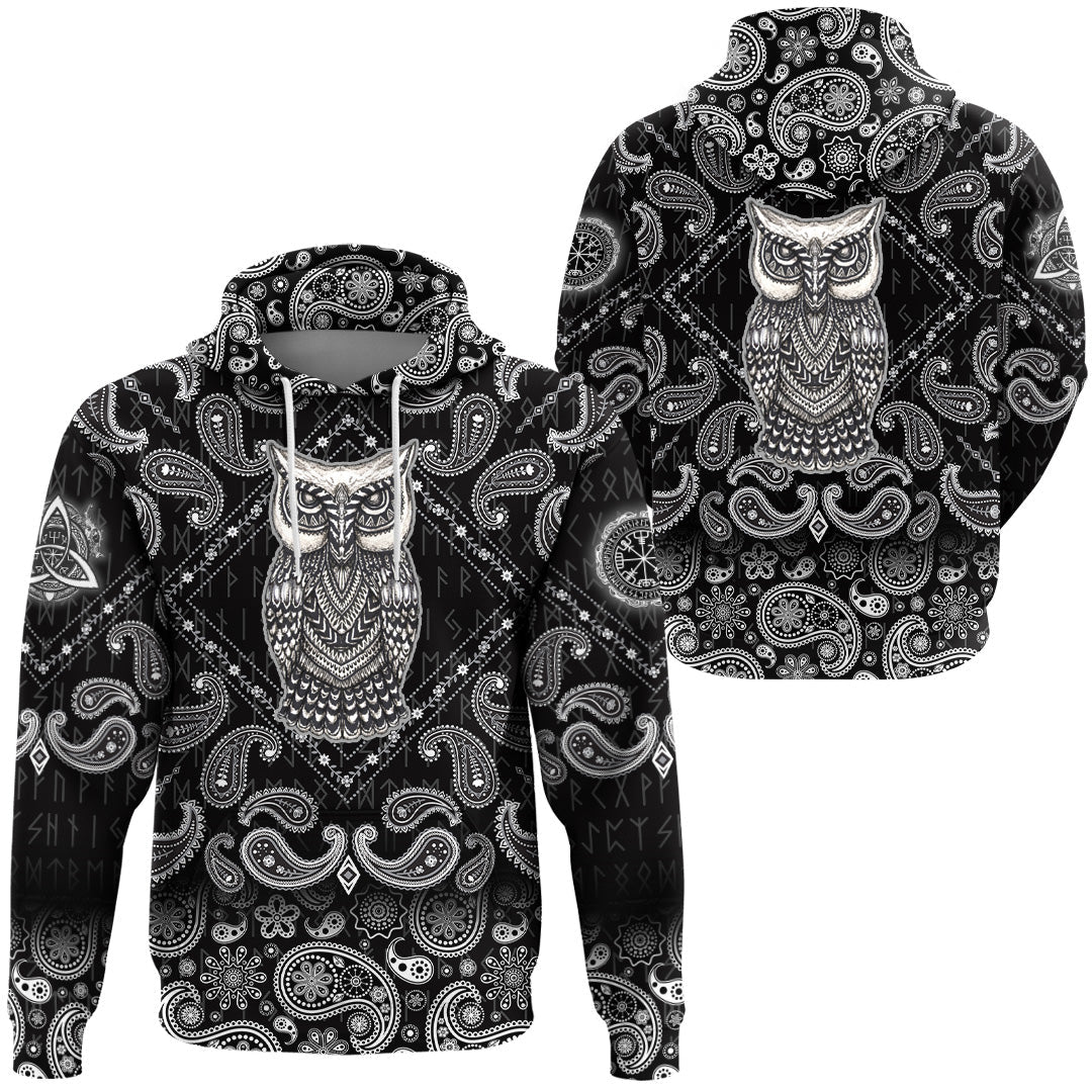 Viking Hoodie Scandinavian Owl with Bandana Paisley Style RLT12