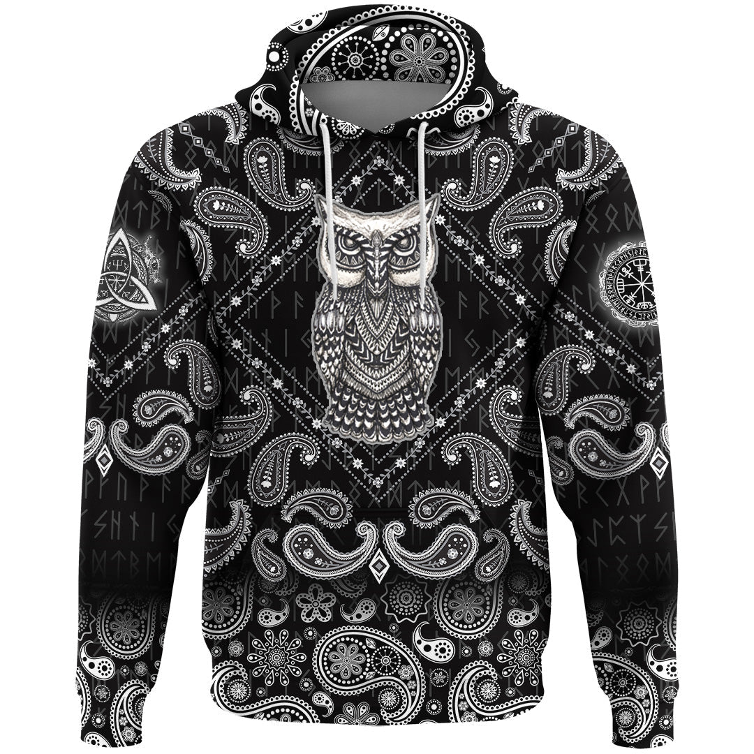 Viking Hoodie Scandinavian Owl with Bandana Paisley Style RLT12