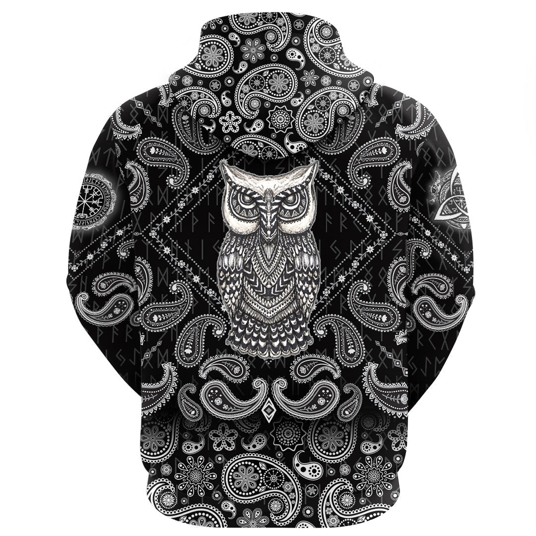 Viking Hoodie Scandinavian Owl with Bandana Paisley Style RLT12