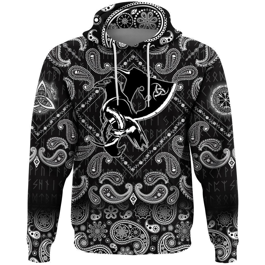 Viking Hoodie Scandinavian Raven Axe with Bandana Paisley Style RLT12