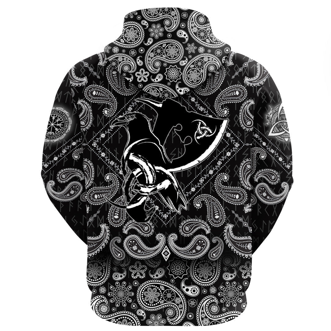 Viking Hoodie Scandinavian Raven Axe with Bandana Paisley Style RLT12