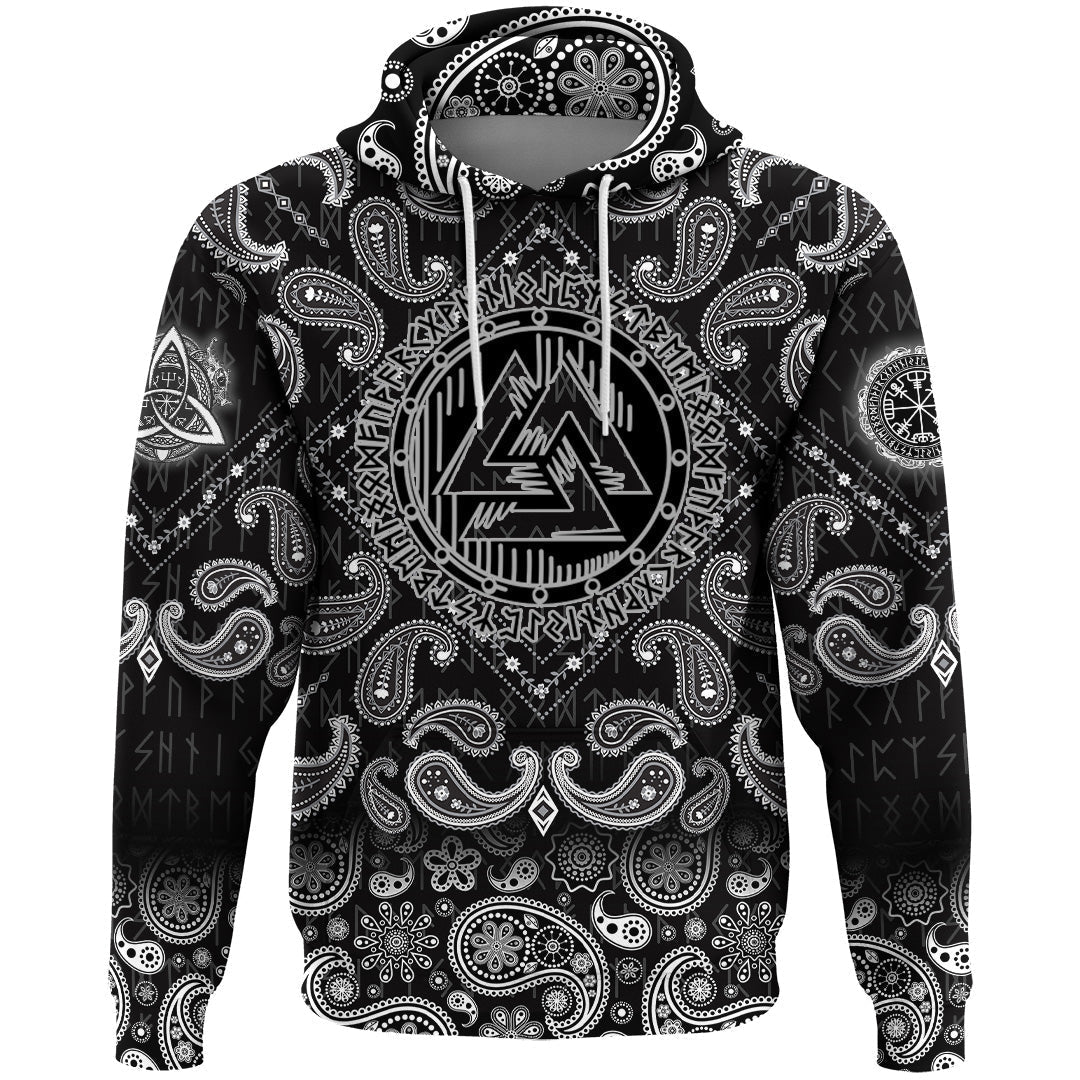Viking Hoodie Scandinavian Shield With Northern Runes Old Norse Alphabet with Bandana Paisley Style RLT12