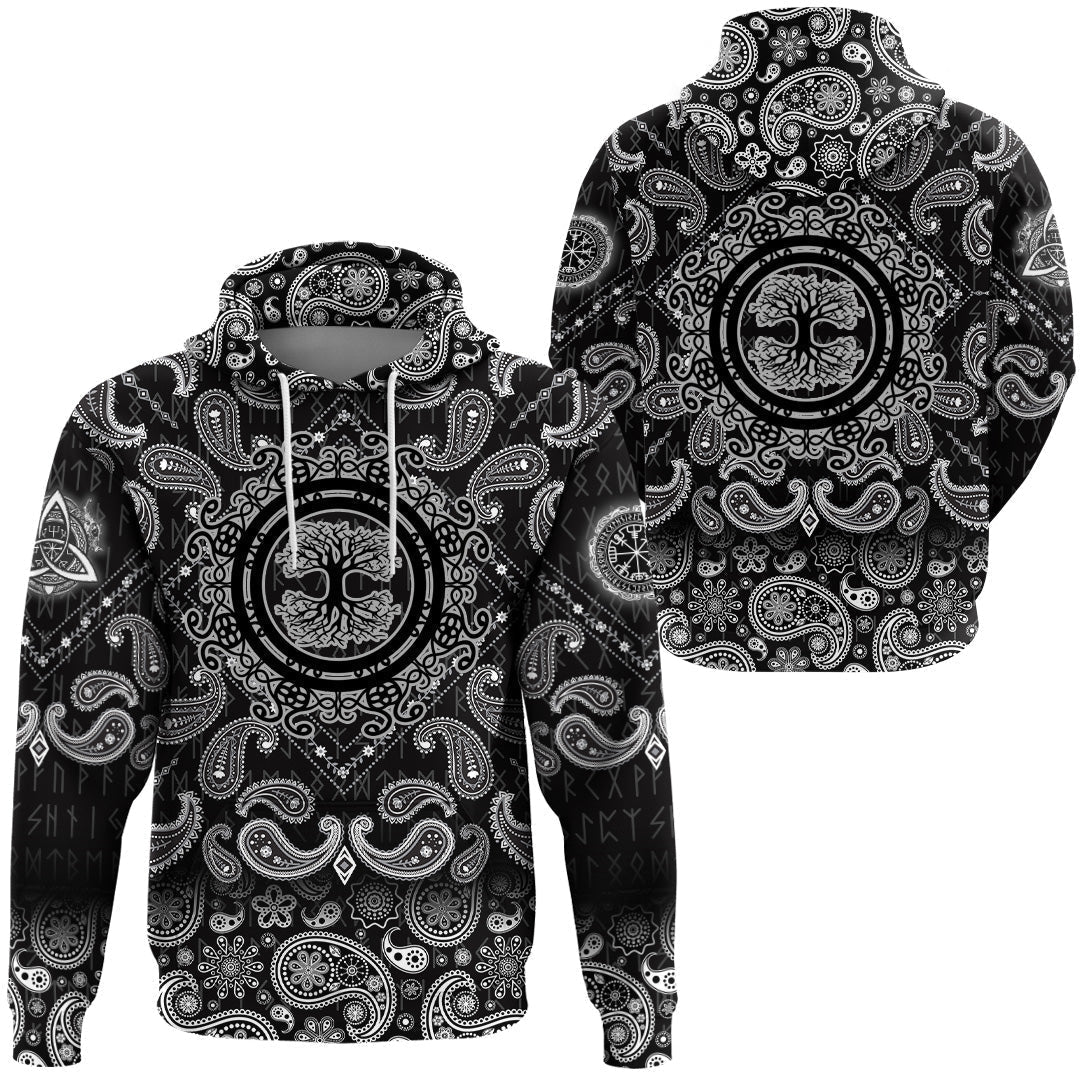 Viking Hoodie Scandinavian Tree Of Life Silhouette In Ornamented Circle with Bandana Paisley Style RLT12