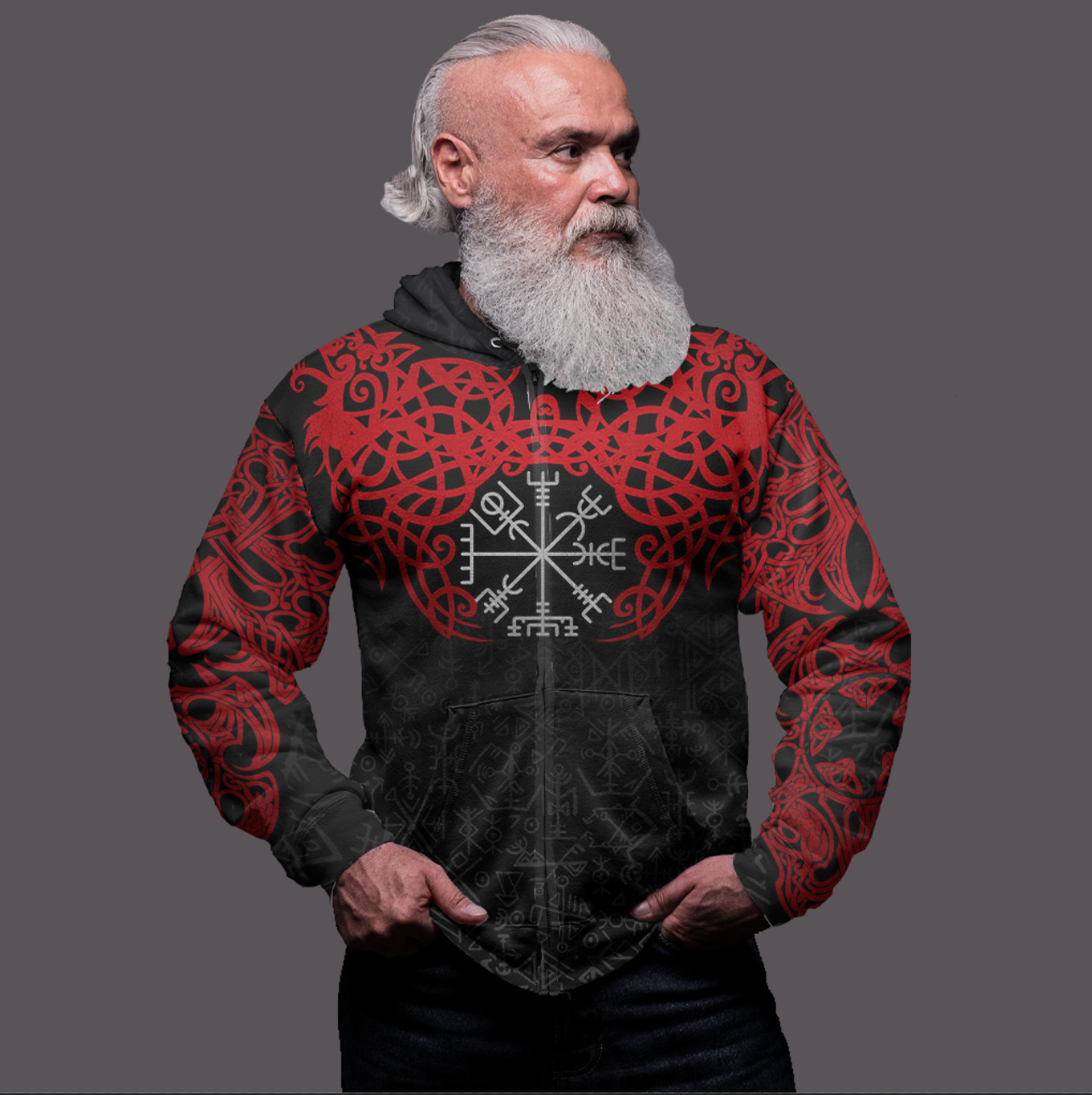 Viking Clothing Viking Odin Helm Of Awe (Red) Zip Hoodie RLT12