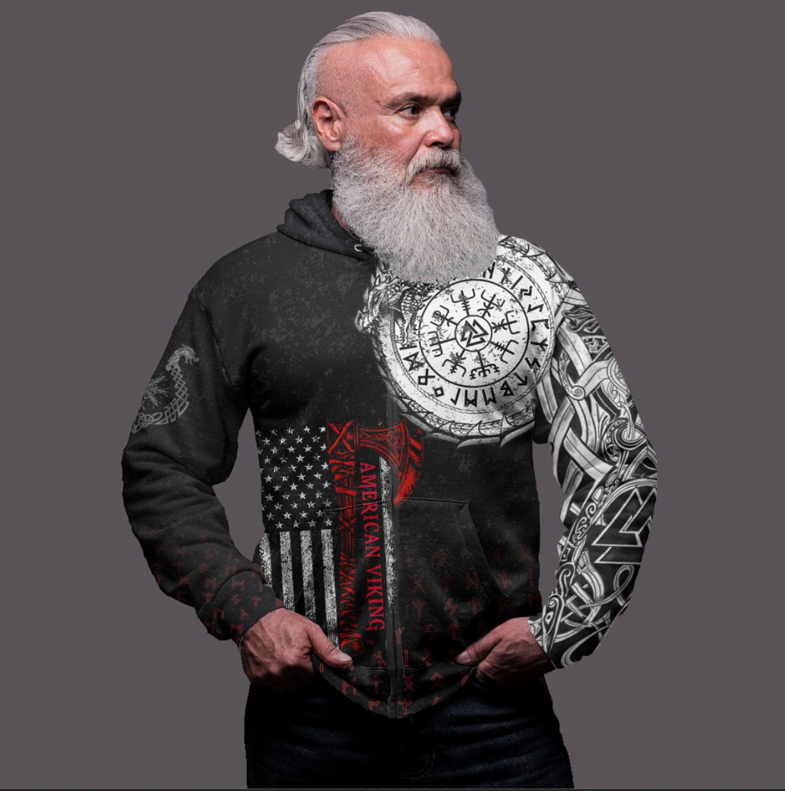 Viking Clothing Viking American Dragon Tattoo Valknut and Vegvisir Zip Hoodie RLT12