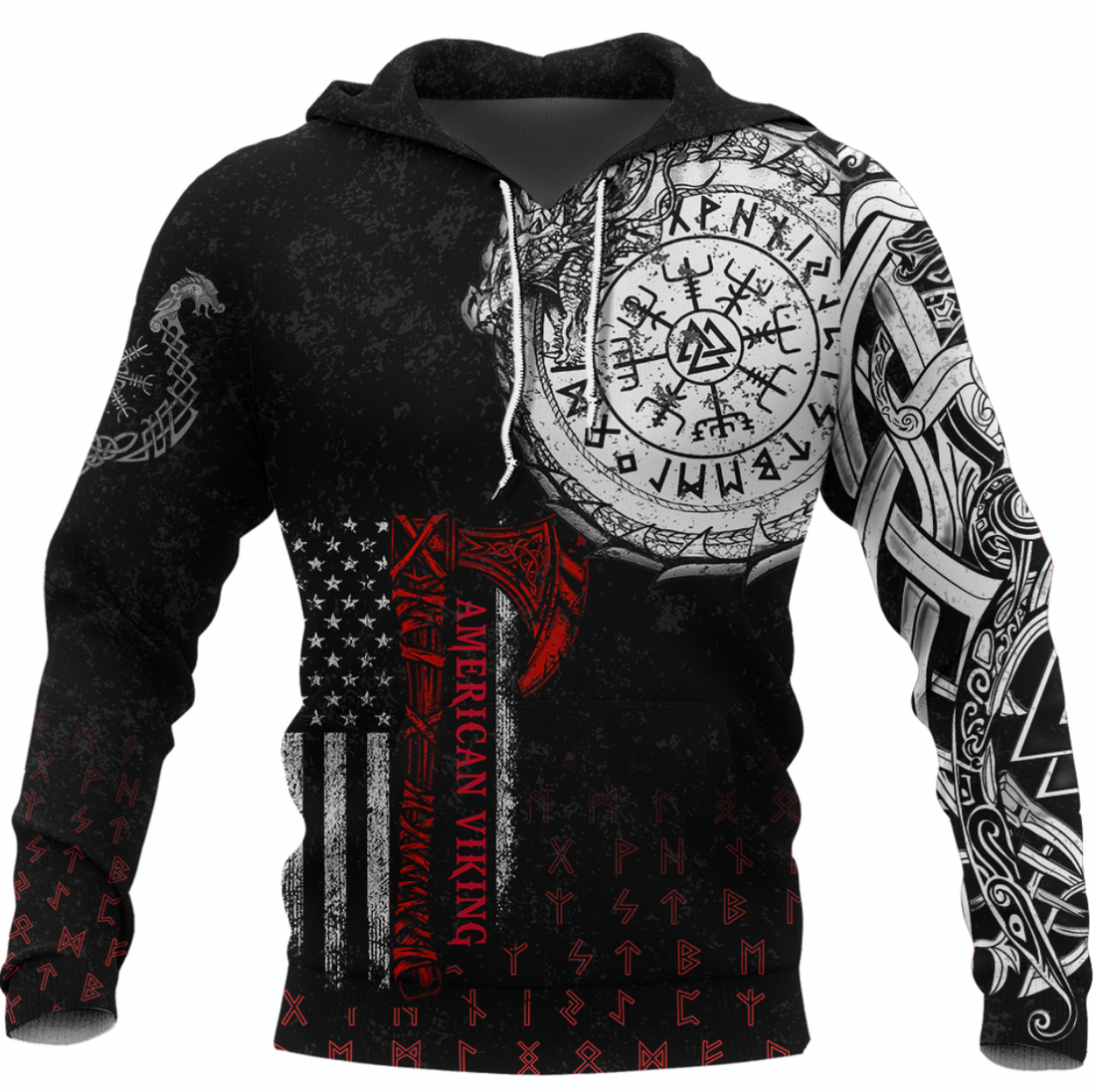 Viking Clothing Viking American Dragon Tattoo Valknut and Vegvisir Hoodie RLT12