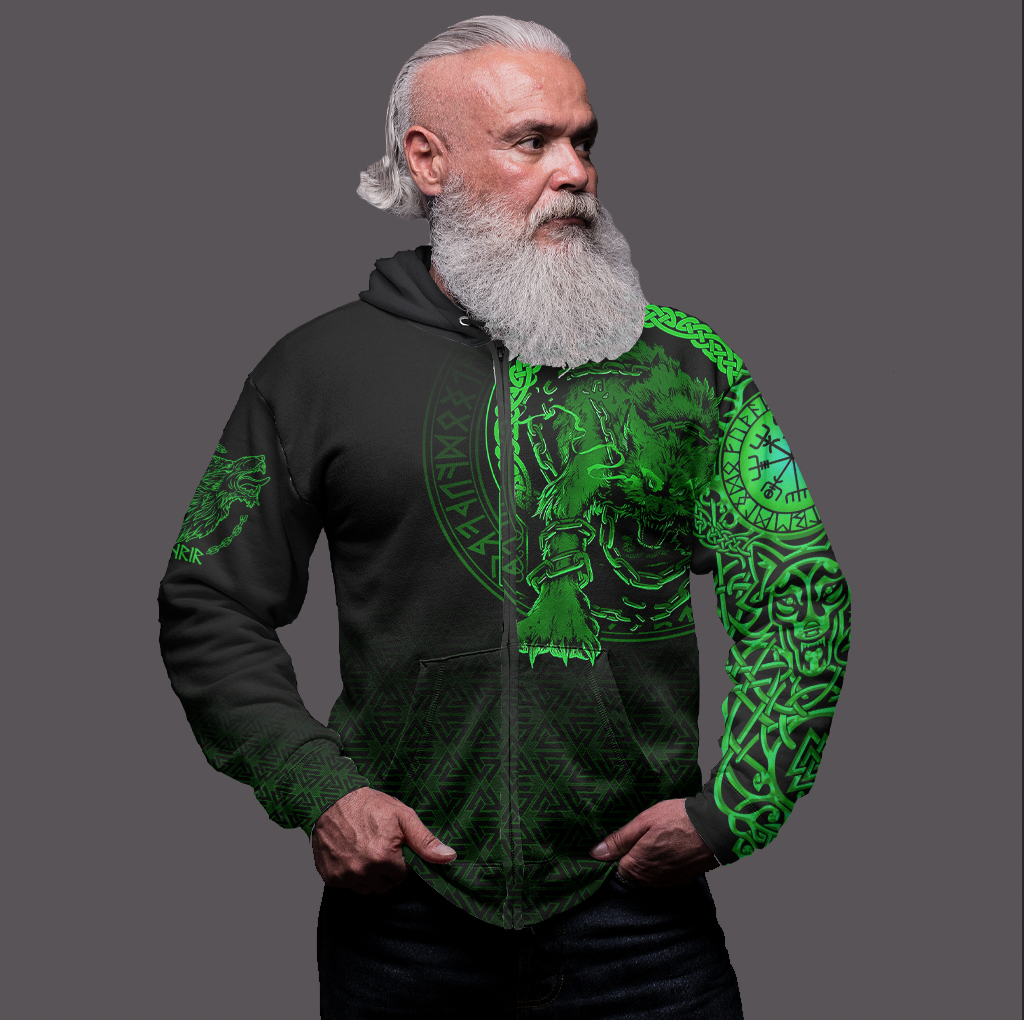 Viking Clothing Viking Fenrir Norse 3D Green Zip Hoodie RLT12