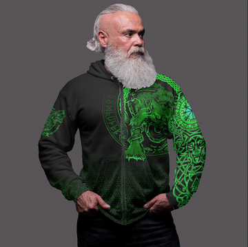 Viking Clothing Viking Fenrir Norse 3D Green Zip Hoodie RLT12