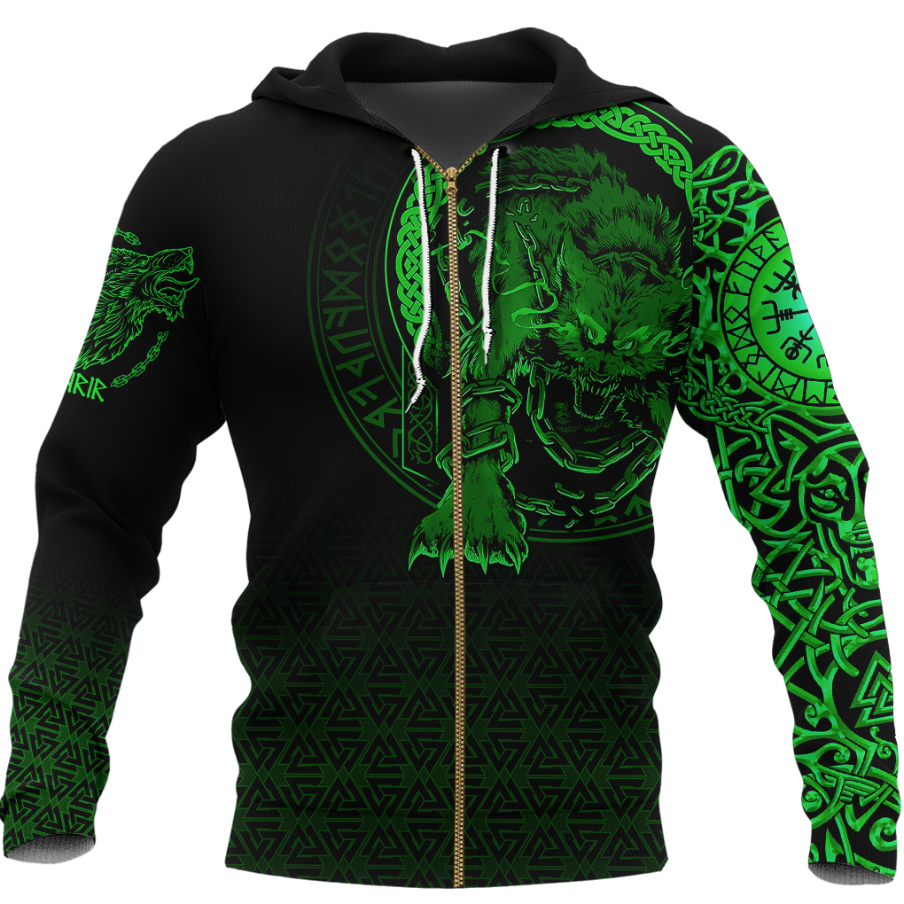 Viking Clothing Viking Fenrir Norse 3D Green Zip Hoodie RLT12